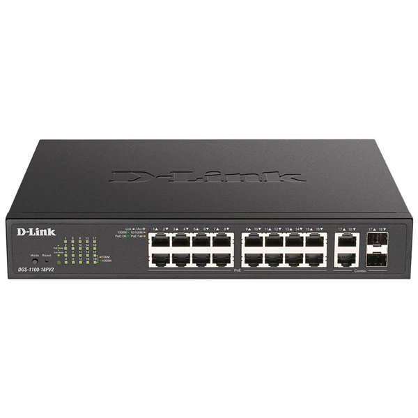 D-Link Switch 16 Port Gigabit, Smart, 2x SFP, PoE (130W) \ DGS-1100-18PV2